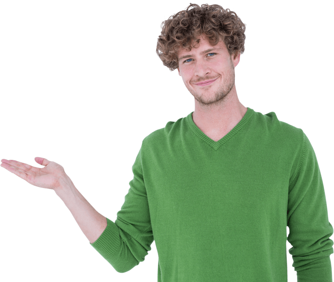 Smiling Man in Green Sweater Holding Transparent Object