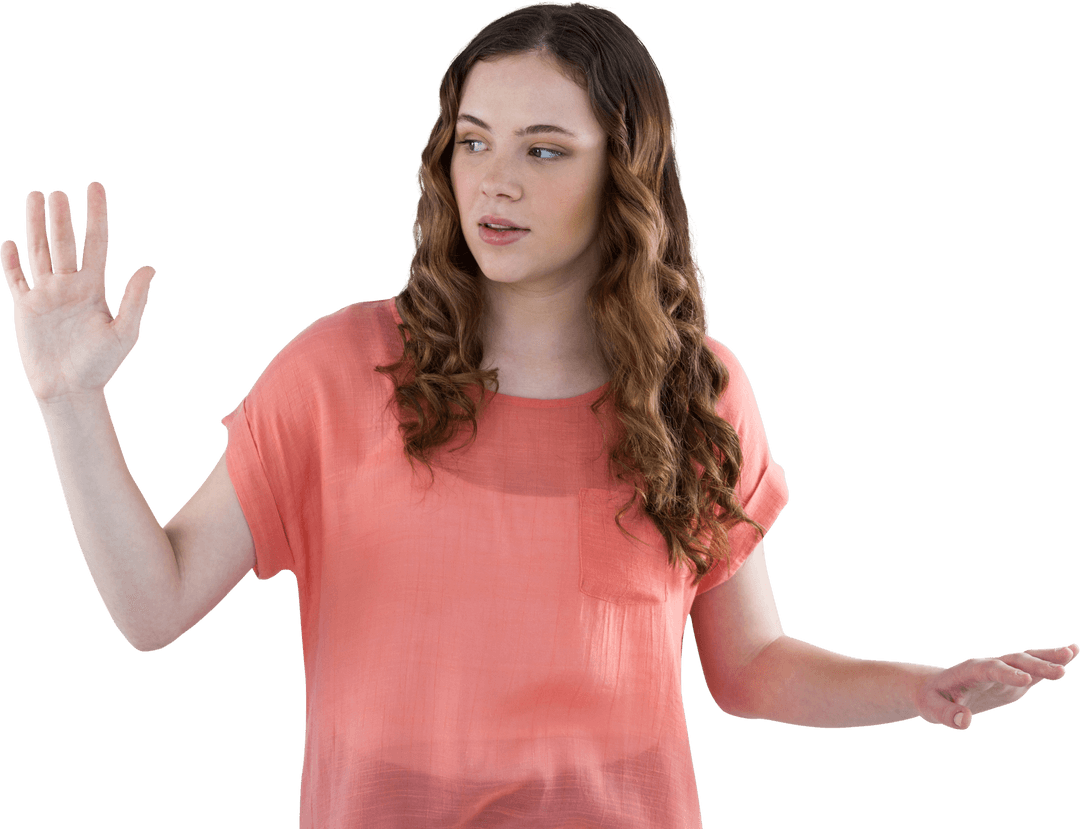 Young Woman in Coral Top Gesturing with Transparent Gesture