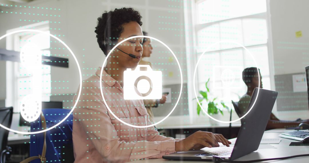 Digital Interface Overlay on Business Professional Working in Office