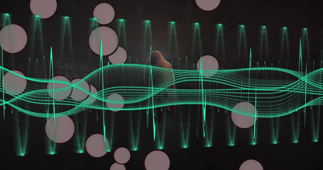 Neon Teal Waveform with Pink Bokeh and Vertical Light Spikes Pulsing on Dark Abstract