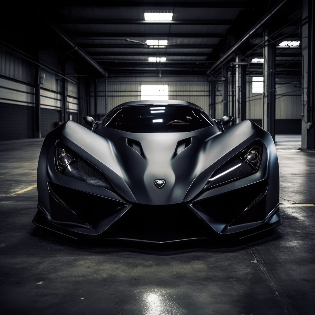 Matte Black Supercar in Industrial Garage - Free Images, Stock Photos and Pictures on Pikwizard.com