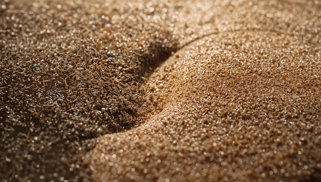Macro golden granules and metallic fragments sparkling in shallow dunes with bokeh texture