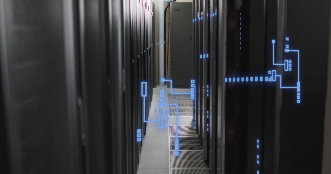 Futuristic Data Center with Digital Circuit Overlay