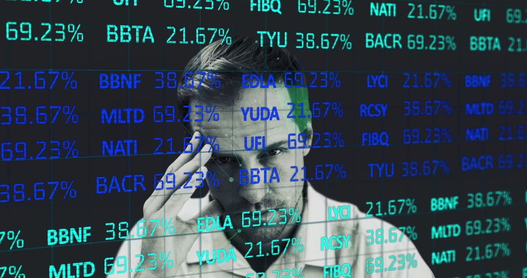 Stressed Professional Behind Stock Market Data Overlay