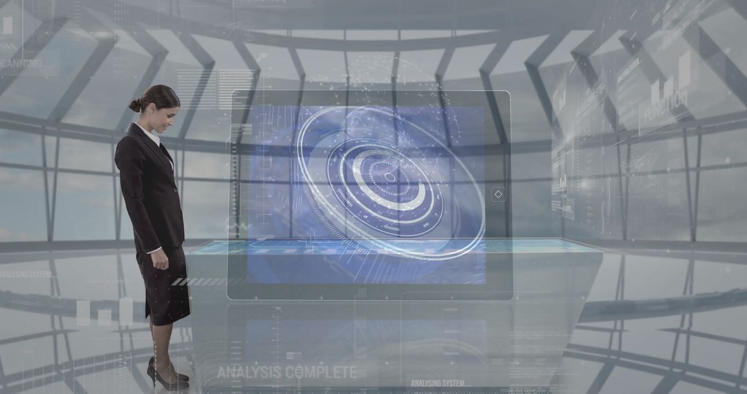Businesswoman Analyzing Holographic Display in Tech Control Center