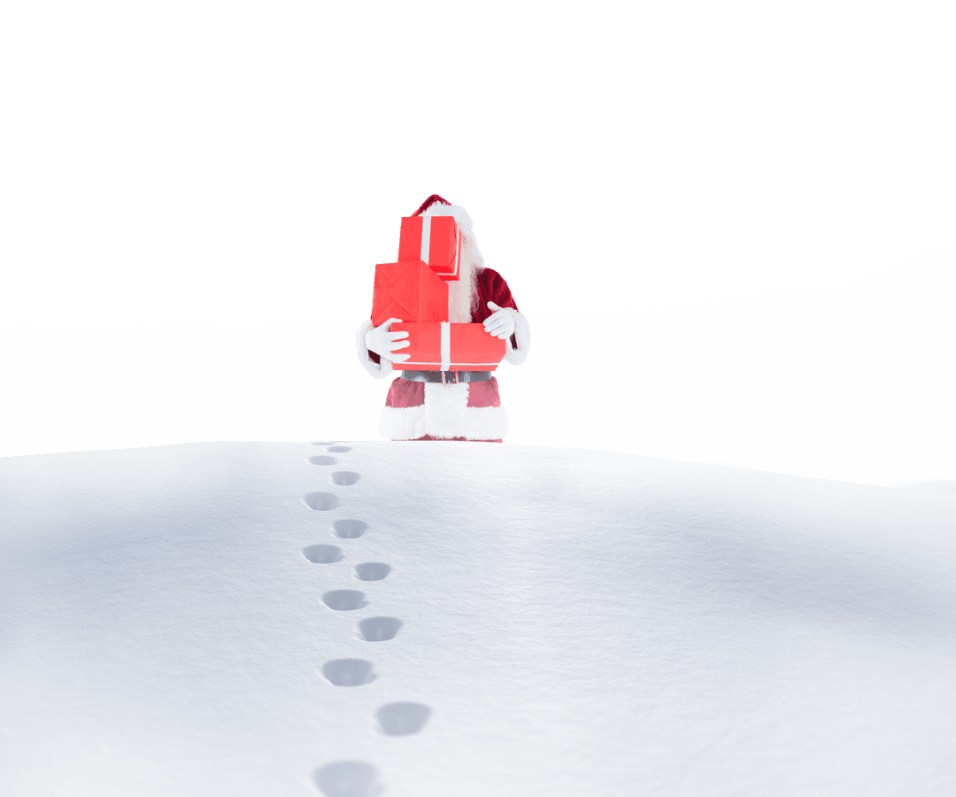 Transparent Santa Claus Carrying Gifts Across Snowy Landscape