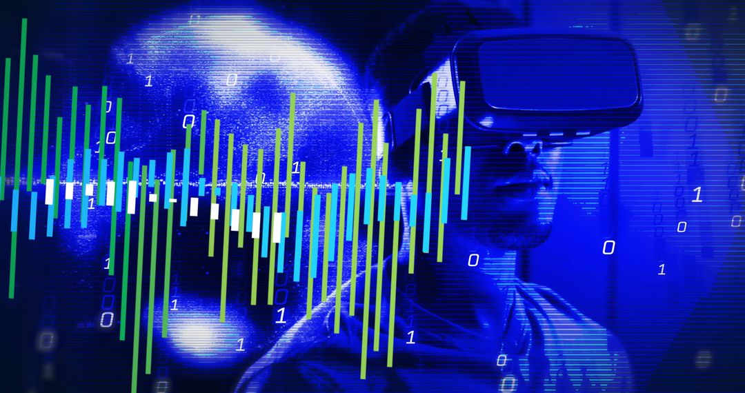 African American Man with VR Headset and Data Visualization