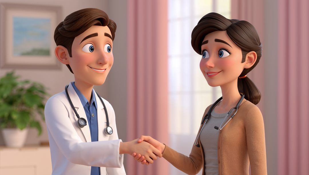 Animated Doctors Collaborating in Welcoming Clinic Office
