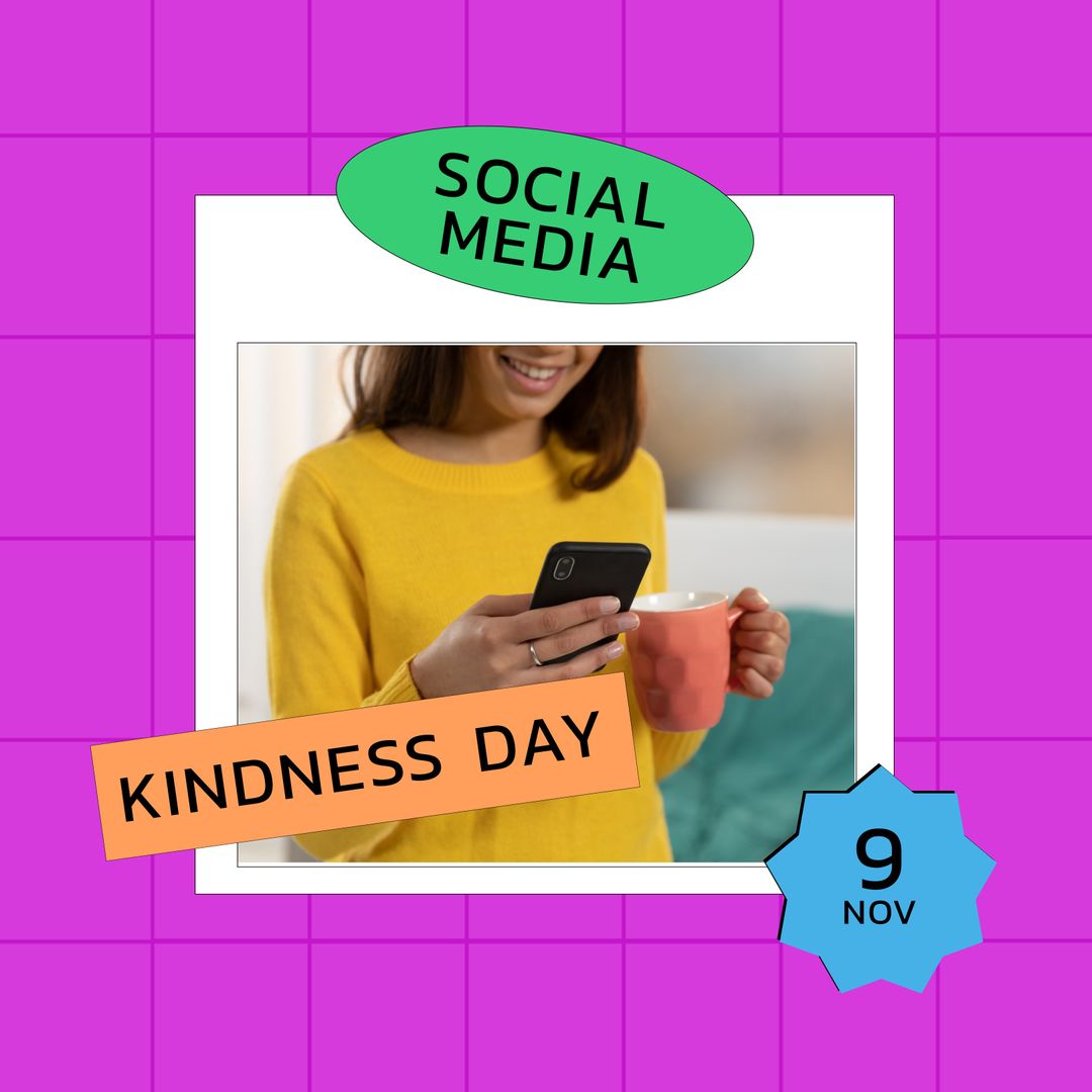 Caucasian Woman Using Smartphone and Coffee Celebrating Social Media Kindness Day - Download Free Stock Templates Pikwizard.com