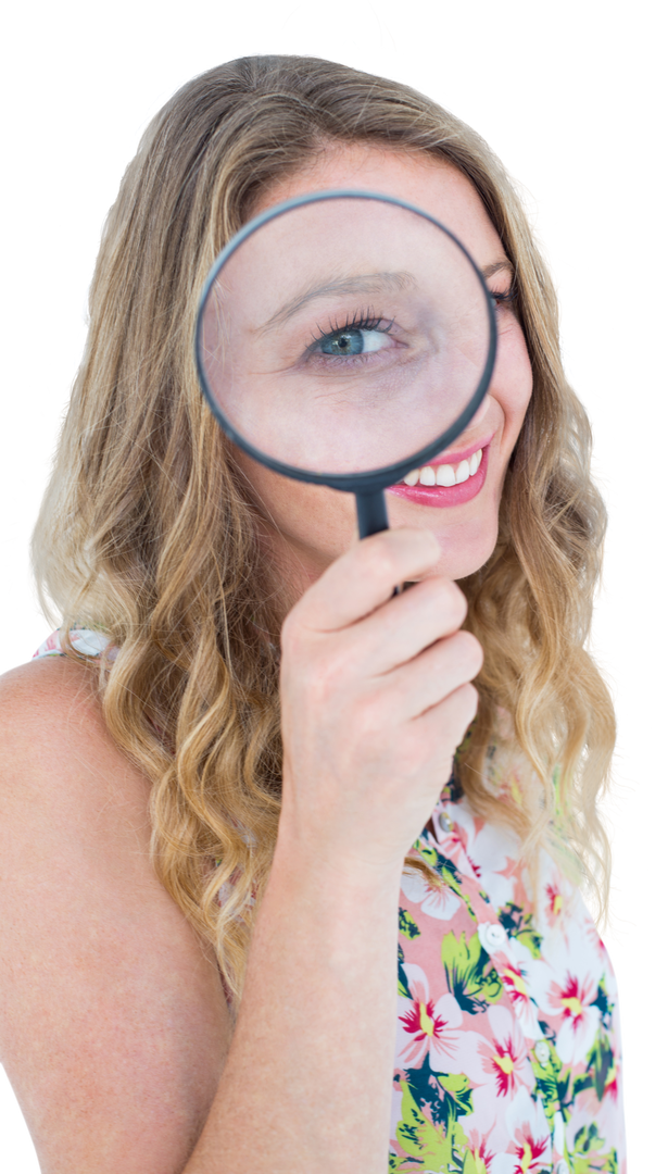 Cheerful Woman Holding Magnifying Glass, Playfully Inspecting with Bright Smile, Transparent Backgro - Download Free Stock Images Pikwizard.com