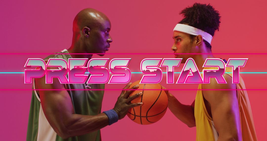Image of press start text over neon pattern and diverse basketball players - Free Images, Stock Photos and Pictures on Pikwizard.com