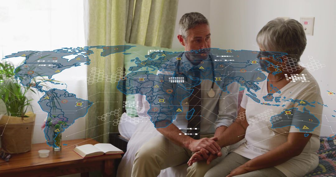 Doctor holding hands with senior patient during telemedicine consult with data overlay