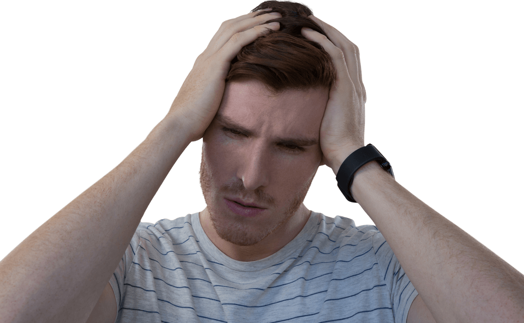 Caucasian Man Touching Head in Transparent Background