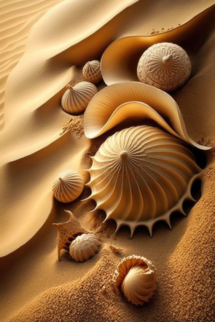 Artistic Seashells Intricately Arranged on Sandy Desert Dunes - Free Images, Stock Photos and Pictures on Pikwizard.com