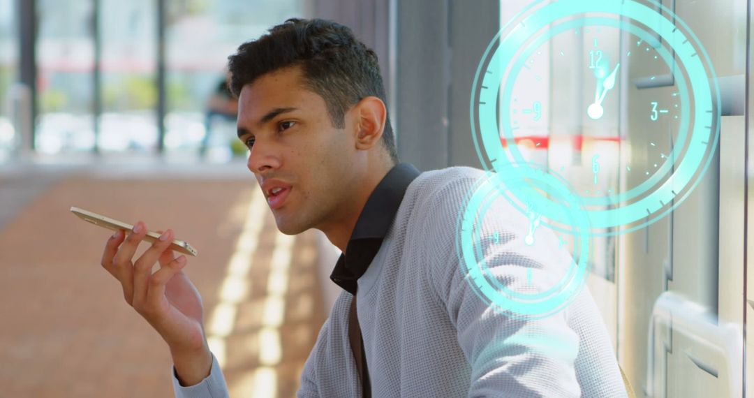 Modern Businessman Using Smartphone with Digital Clock Graphics