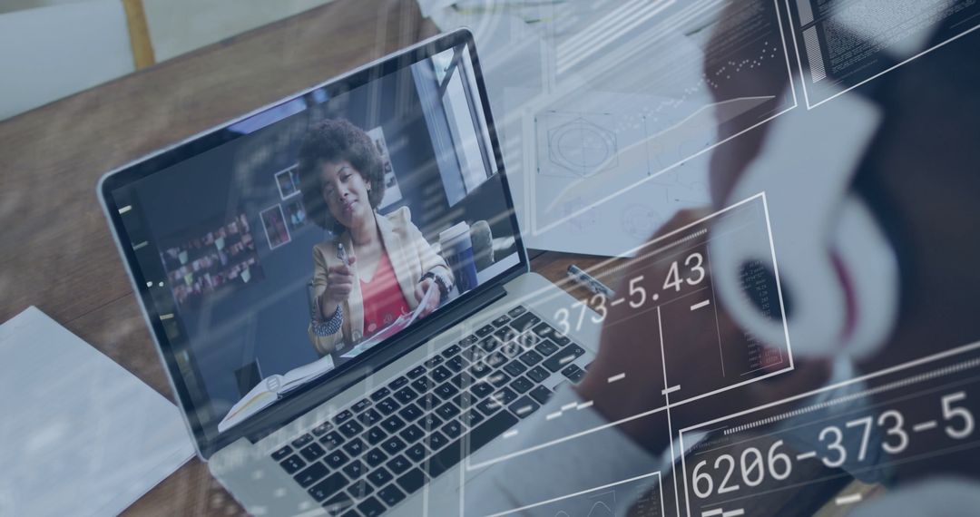 Businesswoman on Video Call with Virtual Data Overlays in Modern Workspace