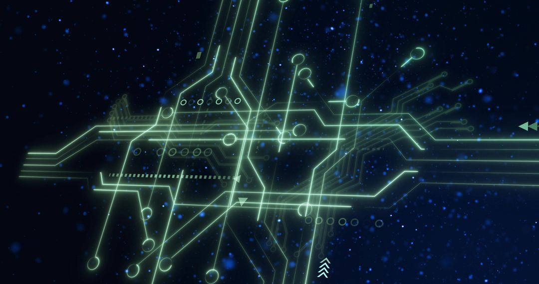 Glowing Neon-Green Circuit Network Floating Over Deep Navy Starfield with Futuristic Tech Grid