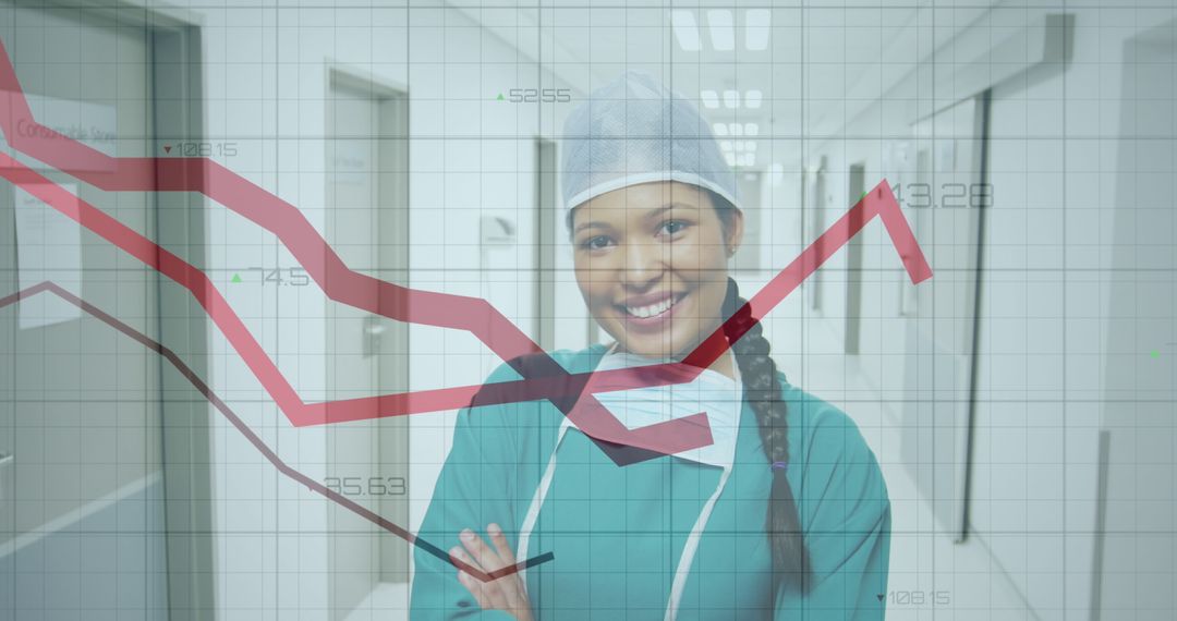 Smiling Surgeon with Statistical Graph Overlay in Hospital Corridor