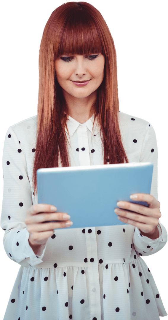 Woman in Polka Dot Shirt Using Tablet on Transparent Background