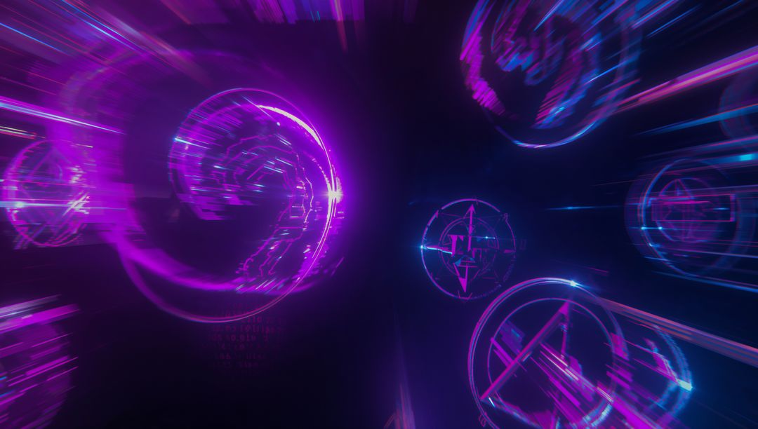 Futuristic Glowing Holographic Panels in Data Tunnel
