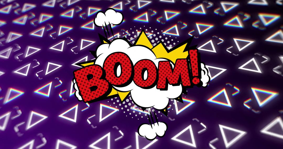 Retro Comic Boom Text with Neon Lights Triangle Pattern
