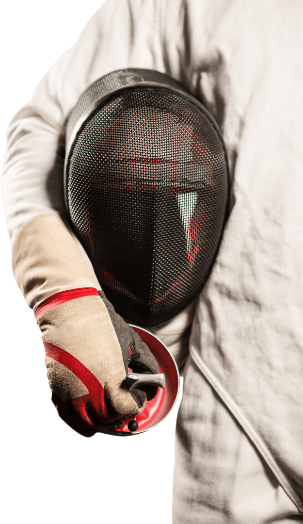 Fencer Holding Helmet on Transparent Background With Glove