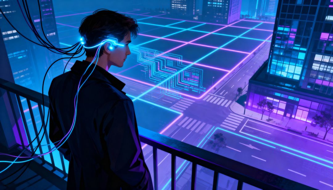 Cybernetic Visionary Overlooking Neon City Grid with Wired Neural Interface