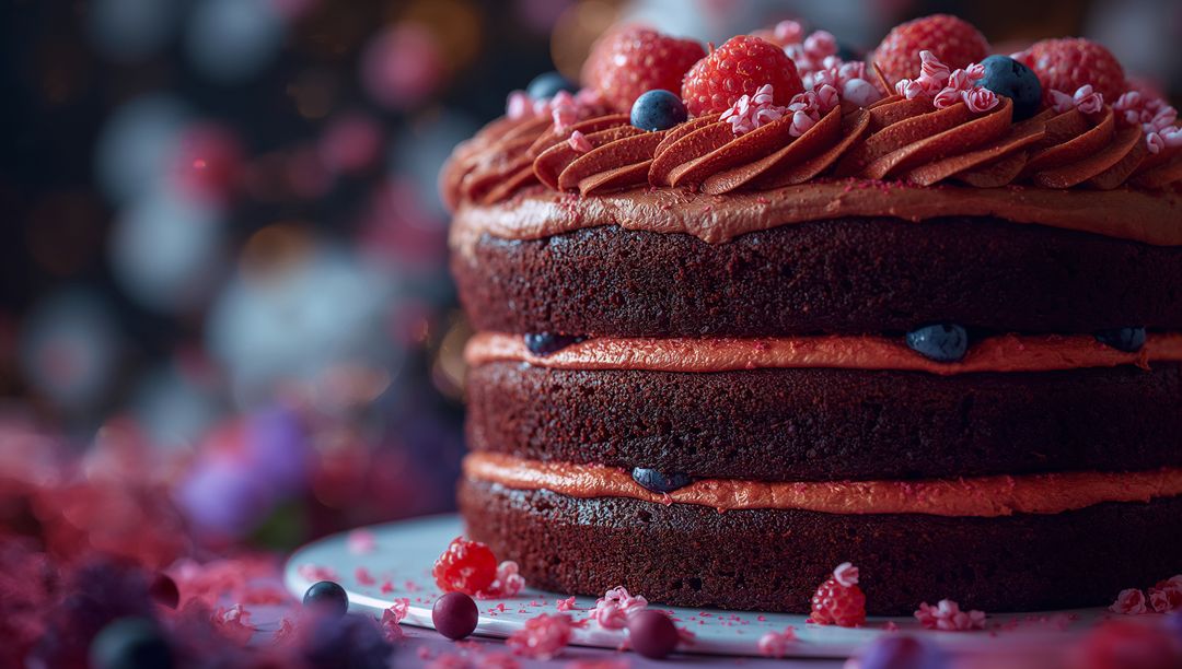 Luxurious Tiered Chocolate Cake with Raspberry Frosting and Berries