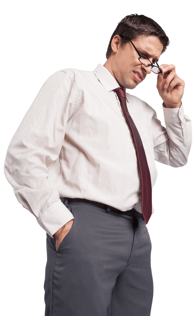 Transparent Thoughtful Businessman in Formal Attire Adjusting Glasses
