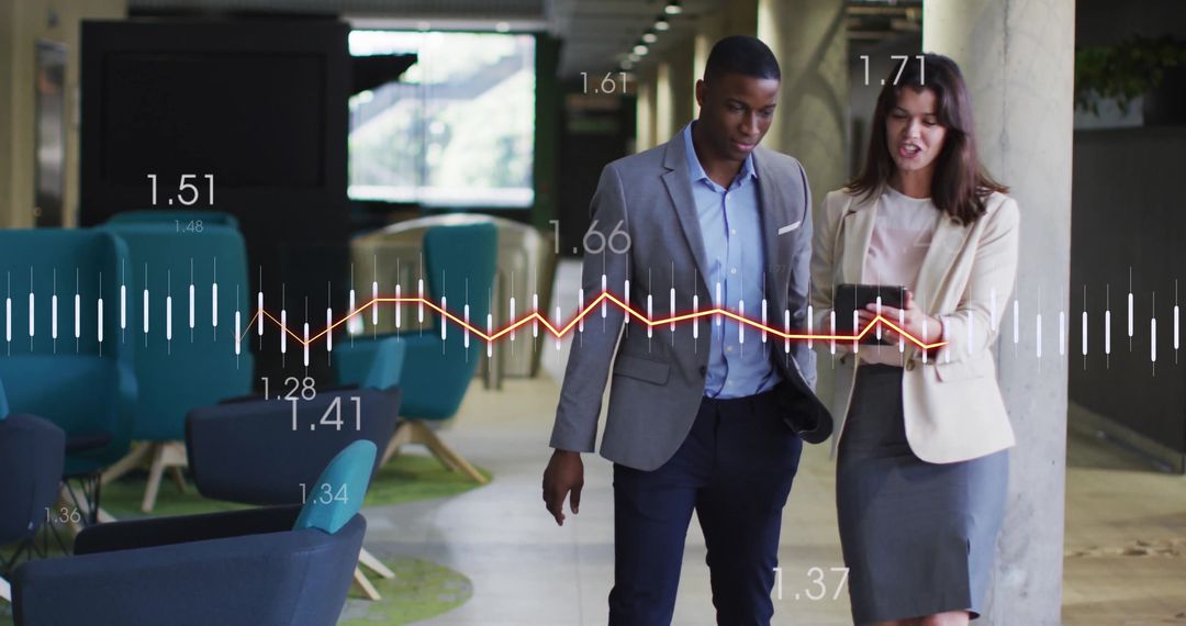 Colleagues Analyzing Data in Modern Office Lounge with Digital Overlays