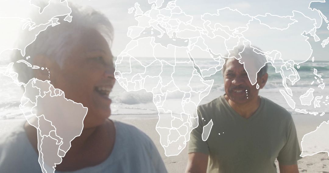 Smiling Senior Couple Walking on Beach with World Map Overlay
