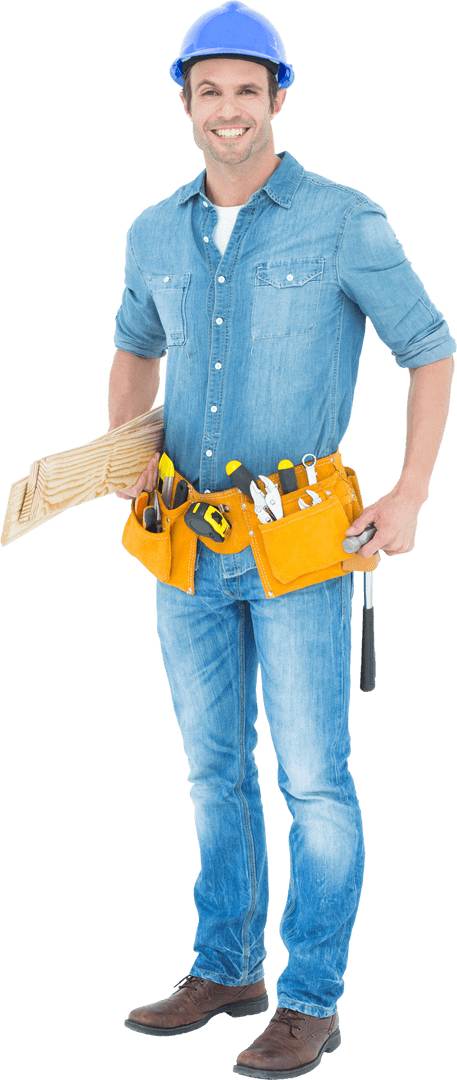 Transparent Smiling Carpenter Holding Wooden Planks Standing