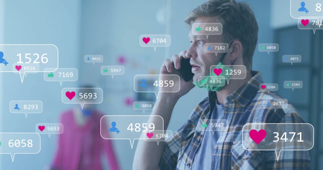 Man Communicating While Icons Display Social Media Engagement