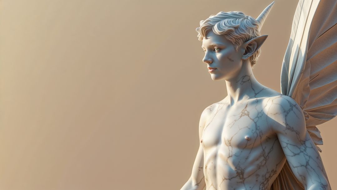 Mythical marble elf sculpture with wings and horns, studio portrait