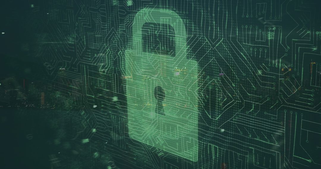 Digital Security Lock Overlay on Cityscape Circuit Board