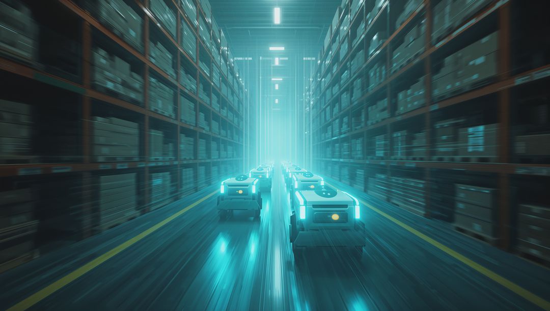 Futuristic Autonomous Robots in Modern Warehouse Setting