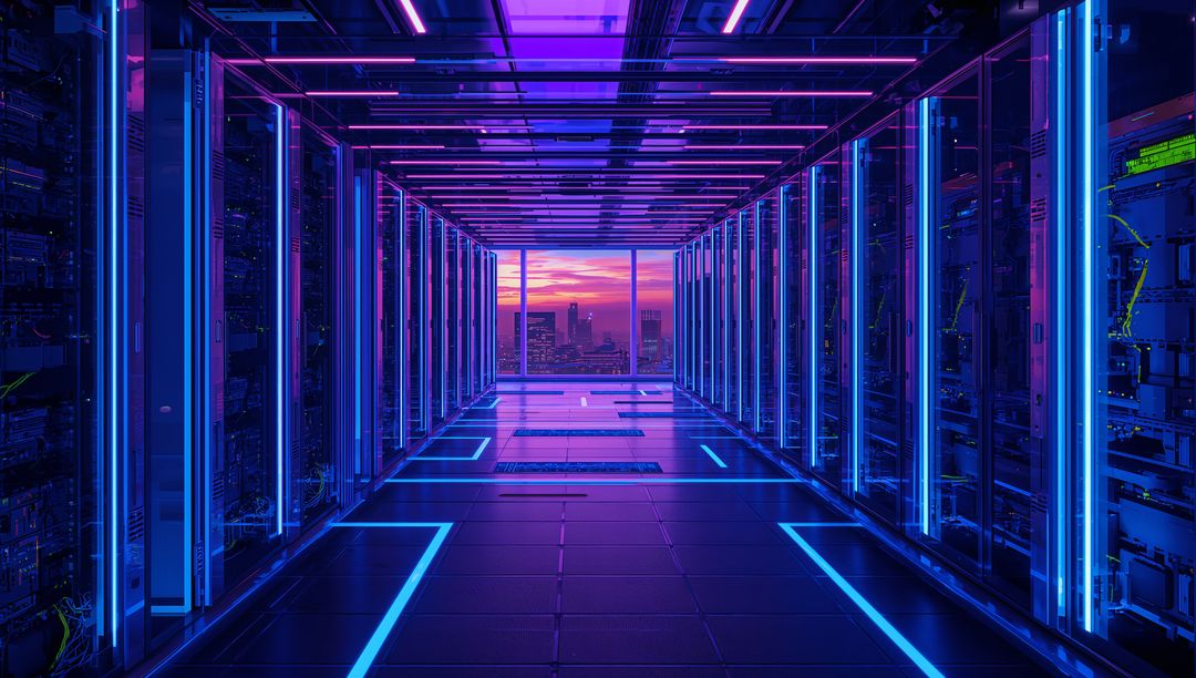 Futuristic Data Center Corridor with Neon Lights and City View