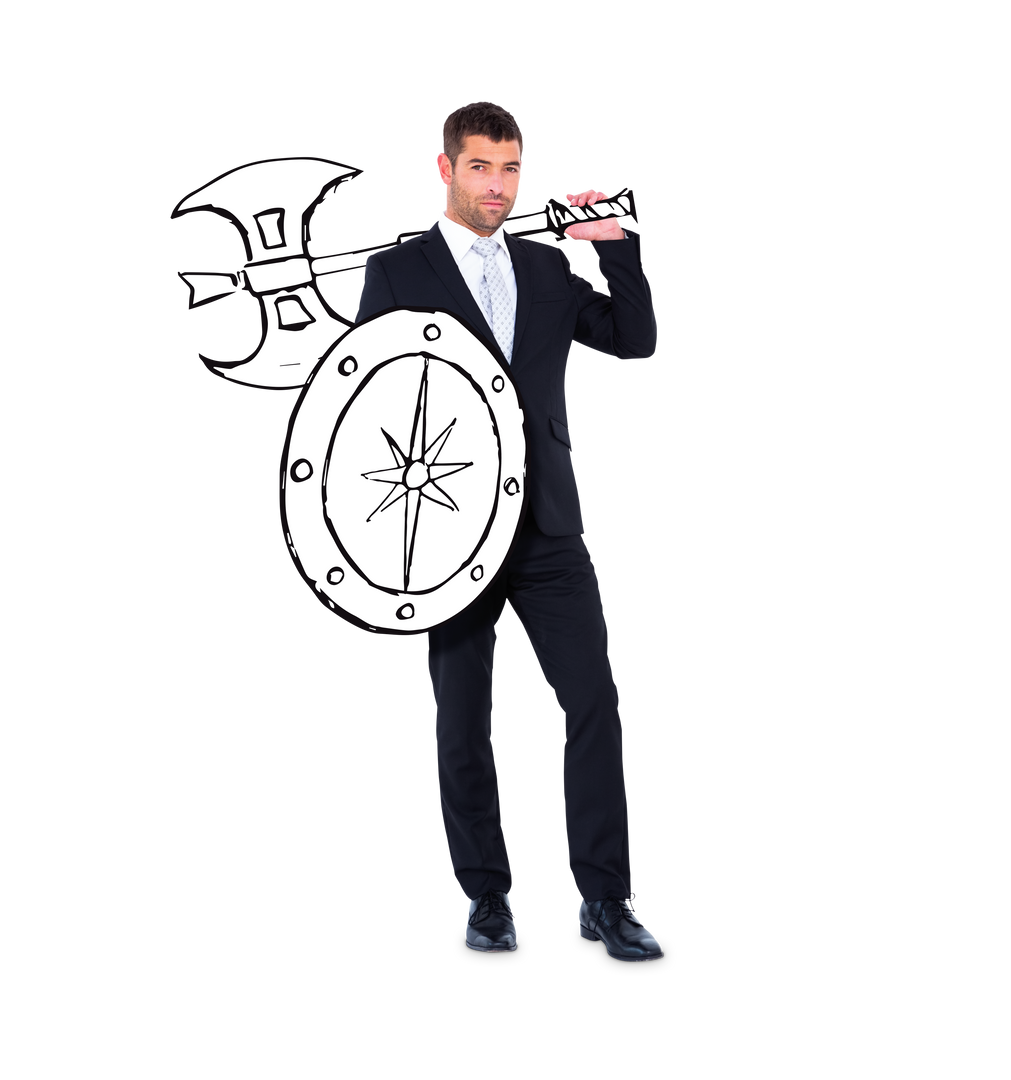 Transparent Background Businessman Holding Cartoon Axe and Shield - Download Free Stock Images Pikwizard.com