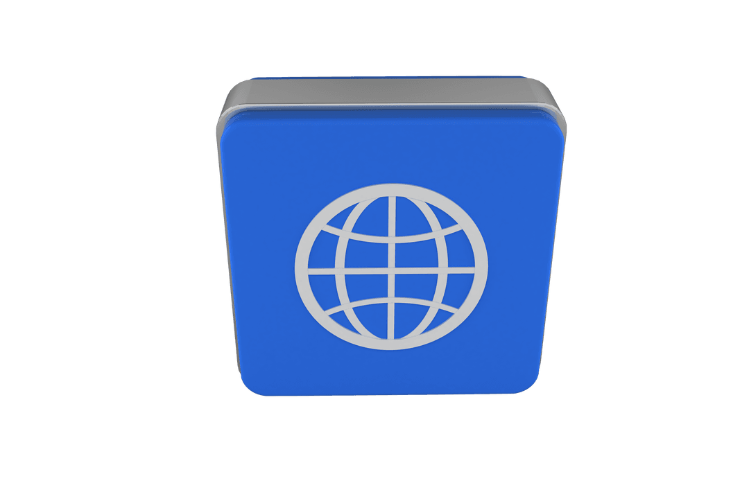 Digital Blue Cube with Globe Icon on Transparent Background
