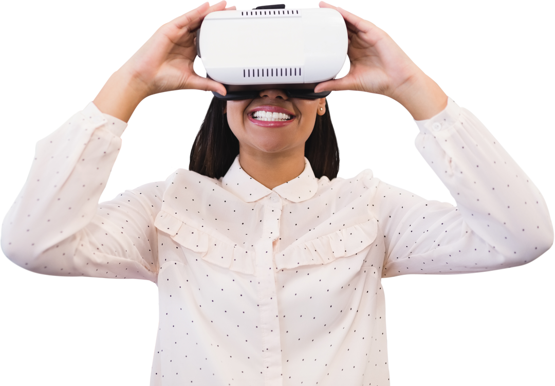 Smiling Woman Experiencing Virtual Reality with Headset on Transparent Background - Download Free Stock Images Pikwizard.com