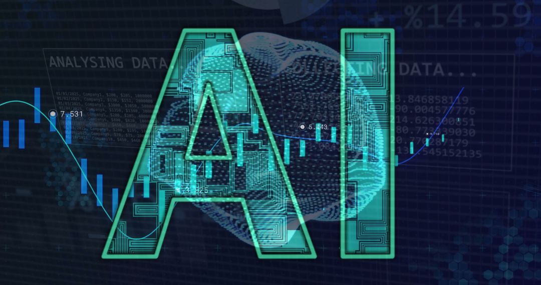 AI Text with Digital Data Visualization on Dark Background