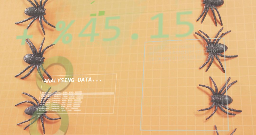 Holographic data analysis concept featuring black spiders on orange grid and binary overlay