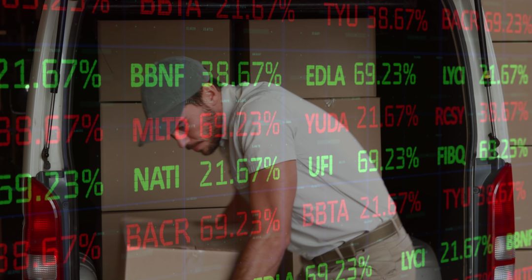 Financial Stock Symbols Overlay on Busy Delivery Man Loading Boxes