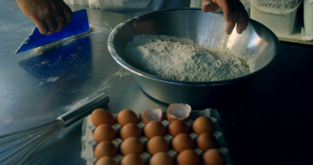 Chef Preparing Dough with Flour and Eggs in Kitchen - Free Images, Stock Photos and Pictures on Pikwizard.com