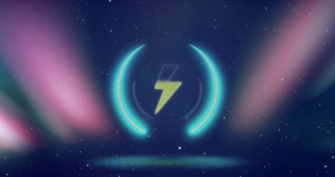 Glowing Thunder Symbol with Colorful Digital Light Trails and Stars