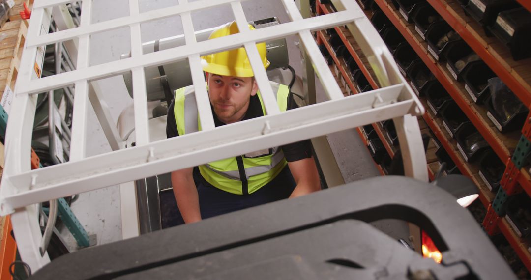 Factory Worker Operating Forklift in Industrial Warehouse - Free Images, Stock Photos and Pictures on Pikwizard.com