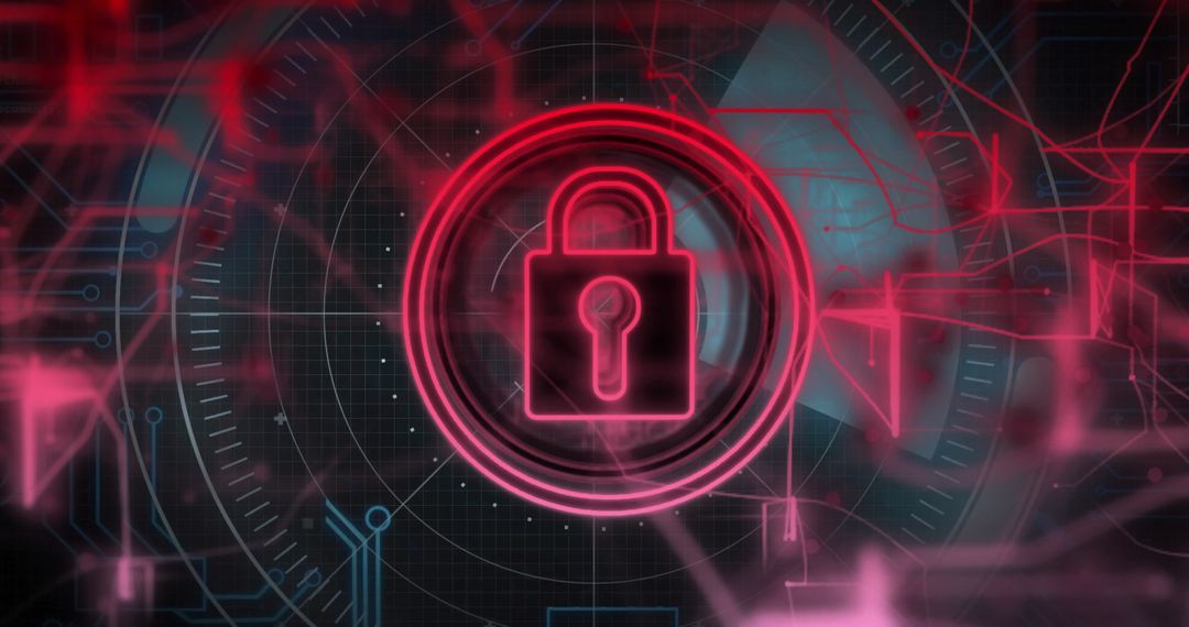 Neon Red Padlock Icon Securing Digital Network Interface