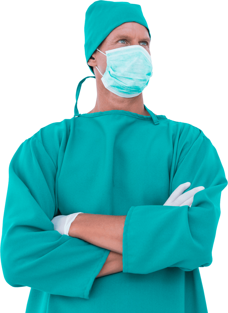 Confident Surgeon in Green Scrubs with Mask on Transparent Background