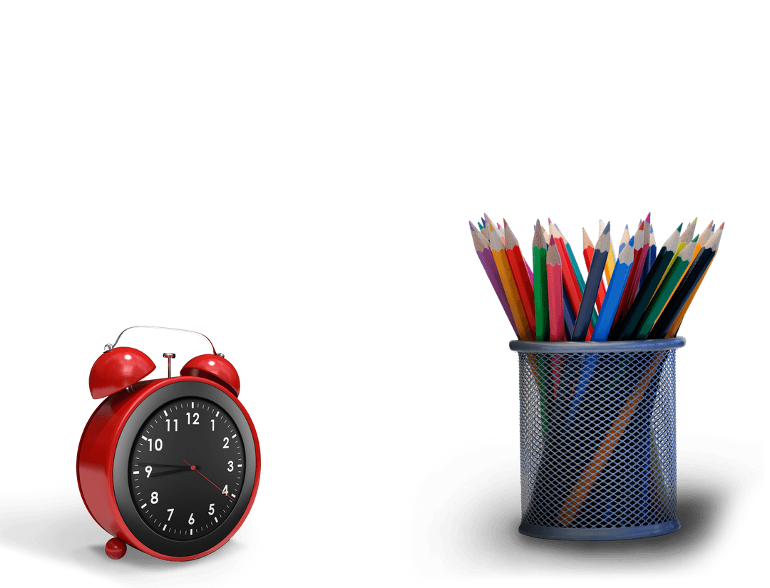 Transparent Red Alarm Clock with Colored Pencils in Organizer