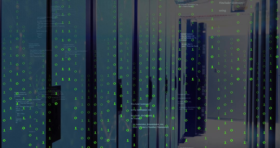 Digital Binary Code Overlay on Modern Server Room